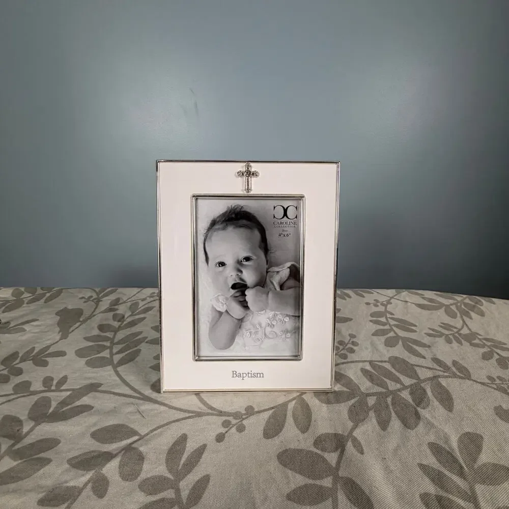 Baptism Baby Picture Frame White enamel and silver cross 4X6 Unused